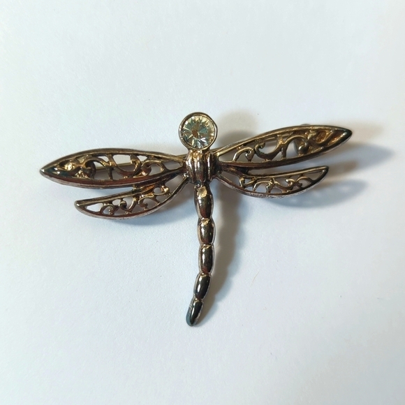 Dragonfly Pin Silver With Crystal Rhinestone - Picture 1 of 4